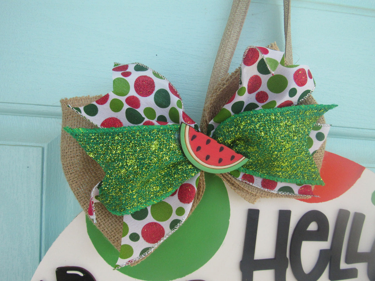 3D watermelon door hanger with bright, hand-painted finish, summer welcome sign for front doors.