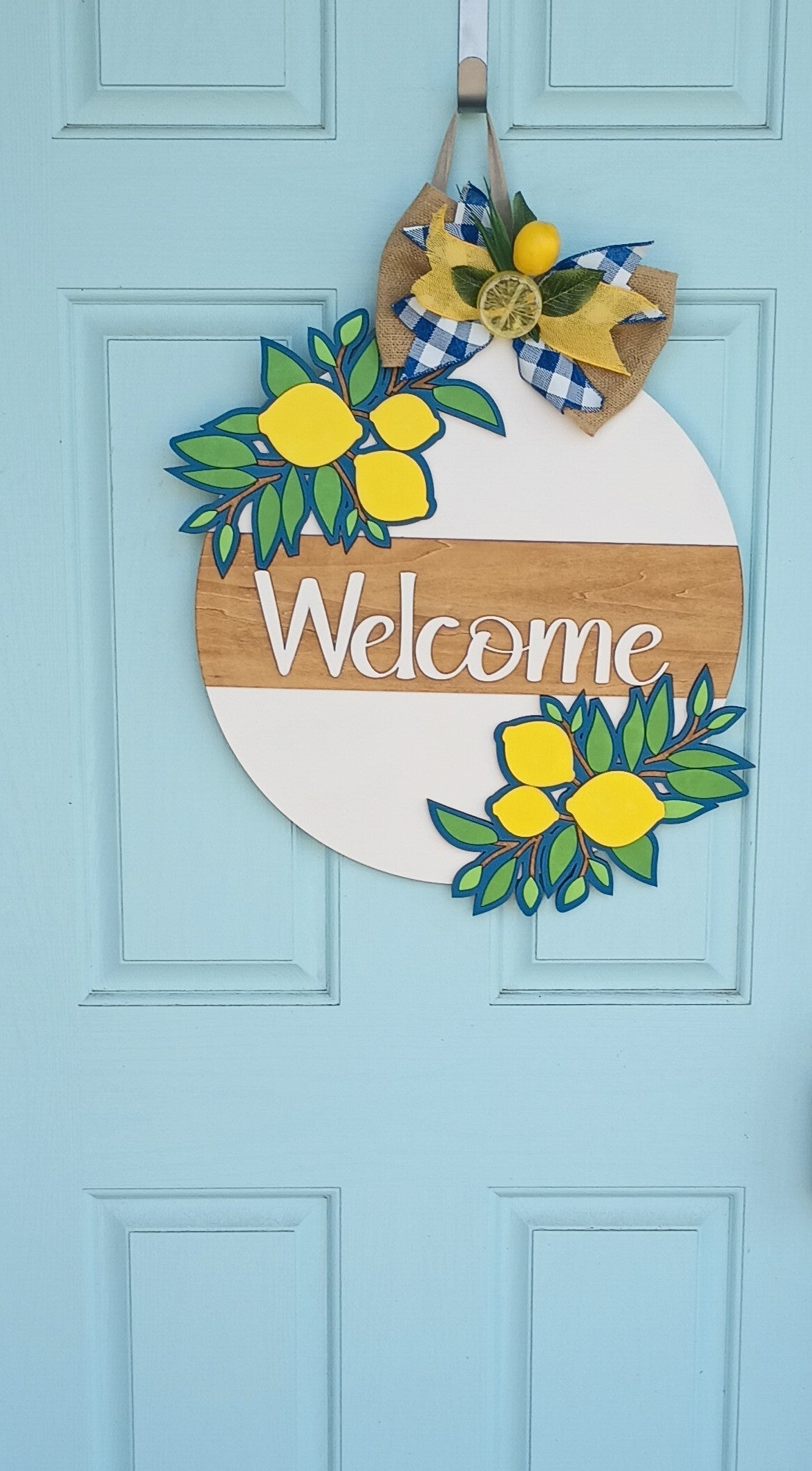 Lemon Welcome Door Sign – Round Wooden Door Hanger with Bow
