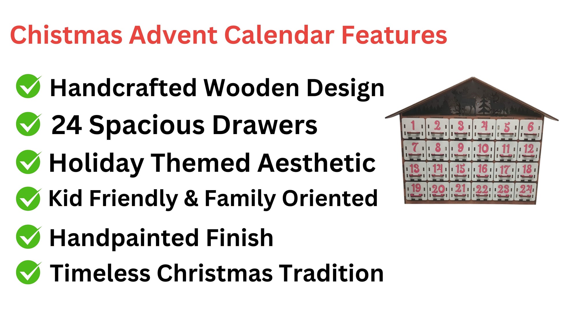 Wooden fillable advent calendar product features graphic