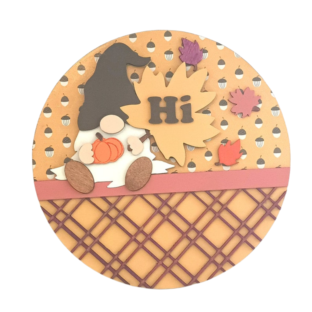 Fall Gnome Welcome Door Hanger – Indoor/Outdoor 12" Round Wooden Sign