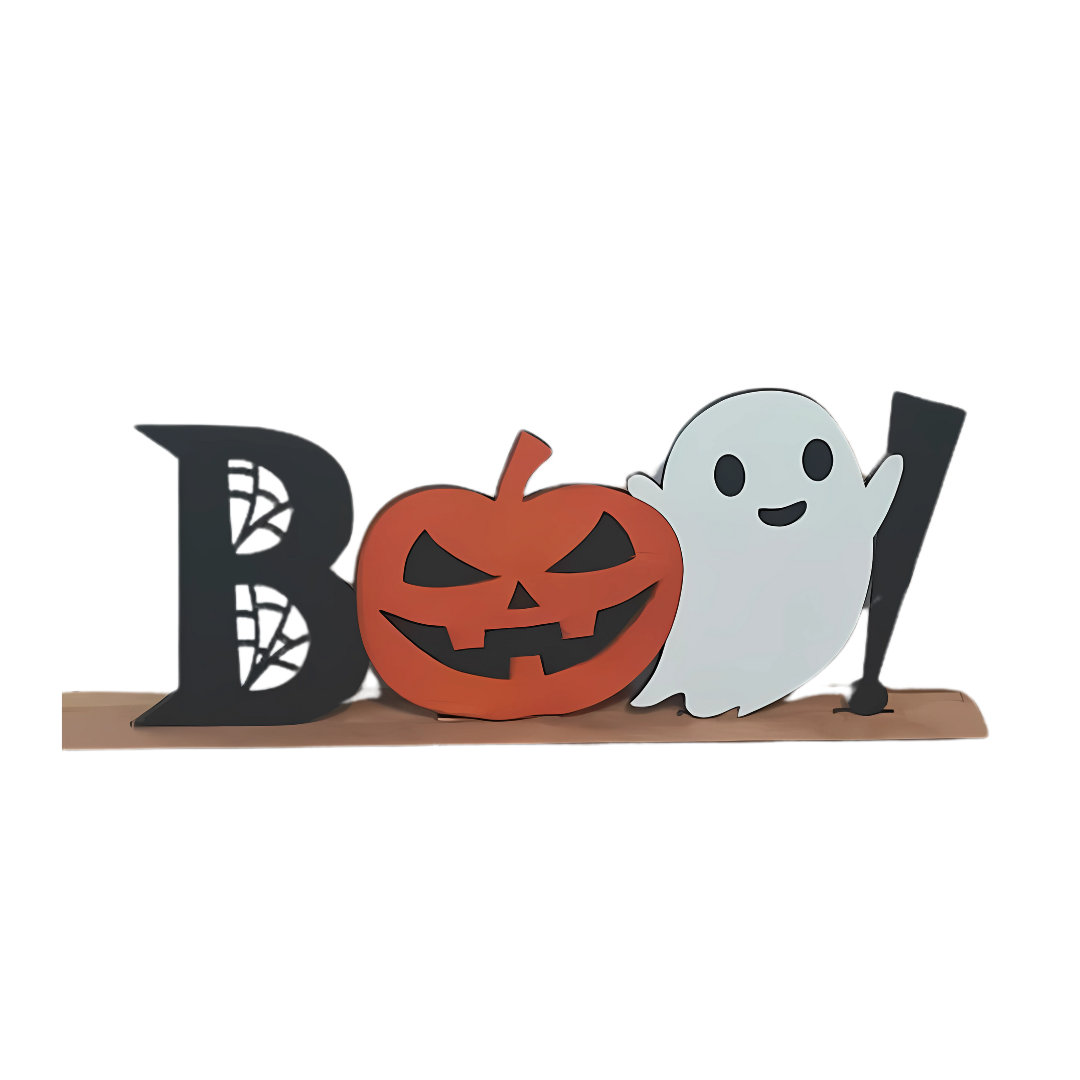 BOO Halloween Shelf Sitter Sign | Ghost & Pumpkin Centerpiece | Spooky Halloween Sign - Lasernique