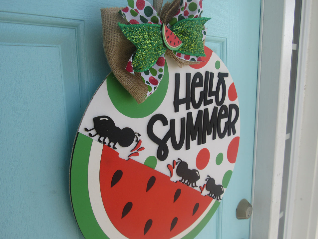 All-wood, hand-painted watermelon door hanger for summer porch and entryway decor.