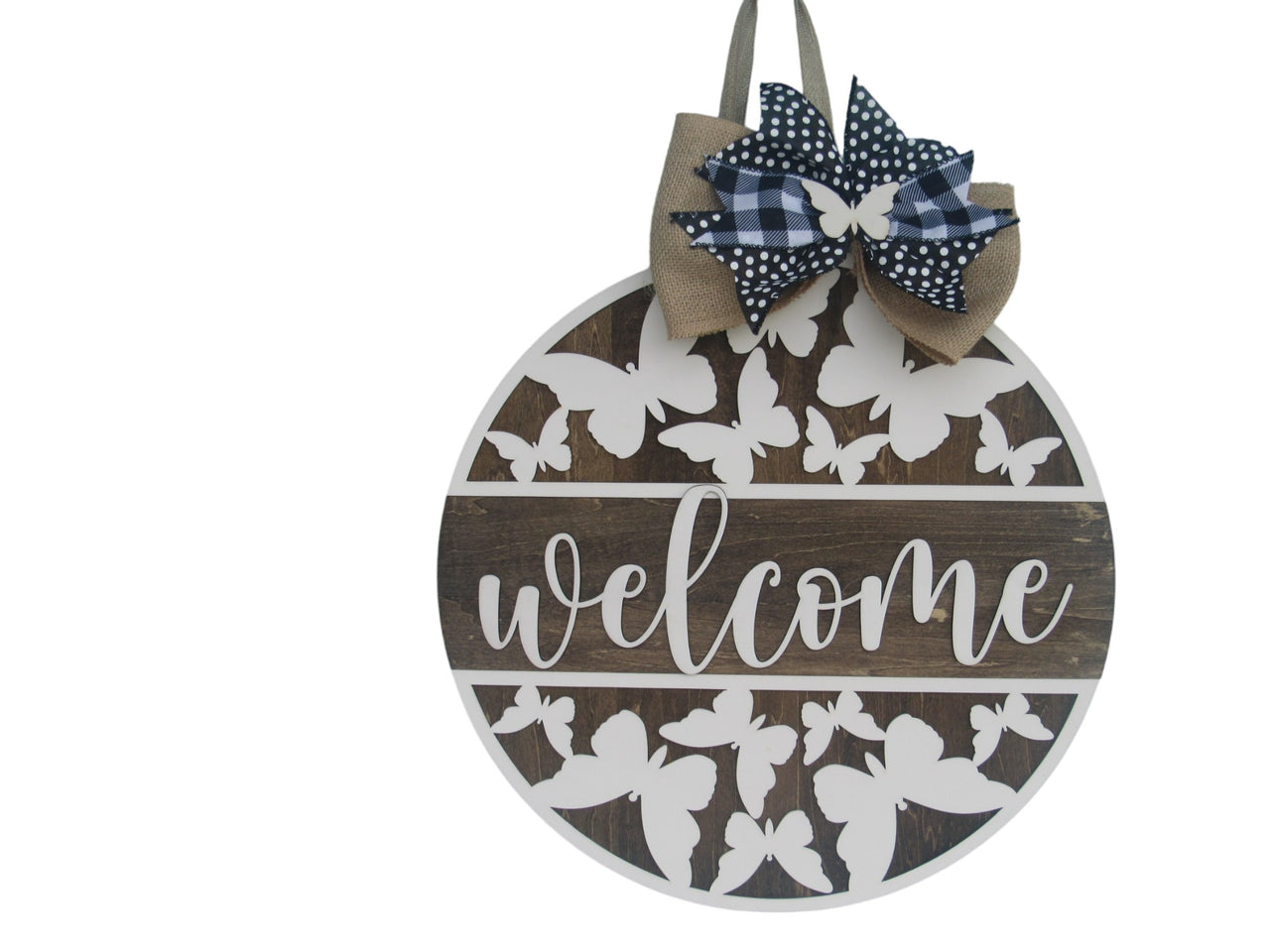 Butterfly door hanger with wood stain and hand painted white finish