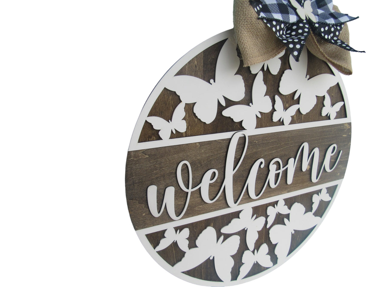 Laser cut butterfly front door hanger with checked and polka dot bow