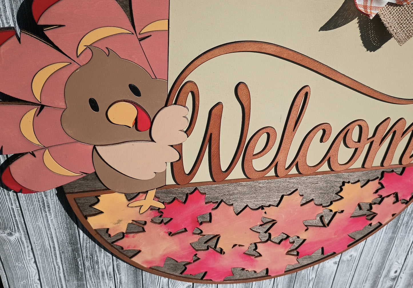 Handcrafted 18 inch fall welcome sign with 3D turkey and laser cut leaves