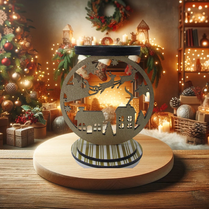 Handcrafted Santa sleigh candle holder with gold glitter finish, featuring a festive village scene and reindeer design for Christmas decor.