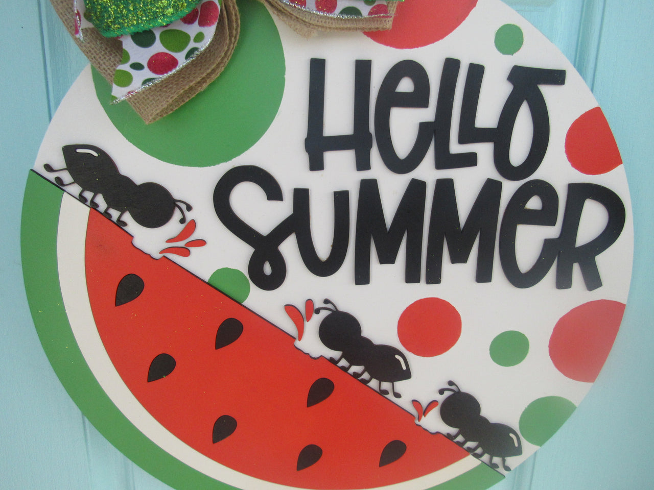 Handmade wooden watermelon welcome sign with realistic 3D design, ideal for summer front door decor.