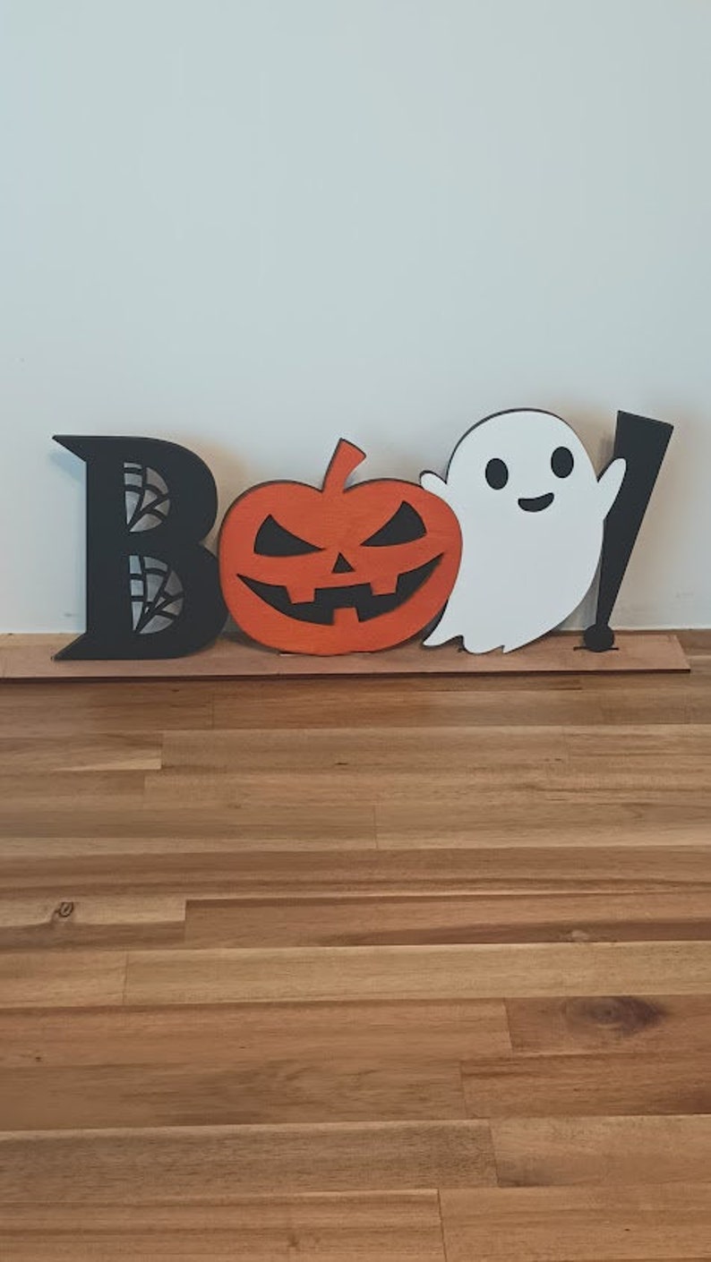 BOO Halloween Shelf Sitter Sign | Ghost & Pumpkin Centerpiece | Spooky Halloween Sign - Lasernique