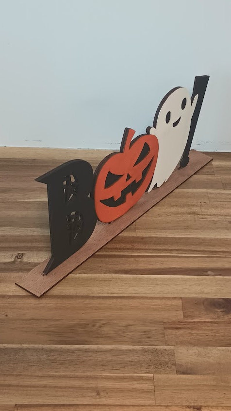 BOO Halloween Shelf Sitter Sign | Ghost & Pumpkin Centerpiece | Spooky Halloween Sign - Lasernique