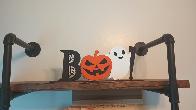 BOO Halloween Shelf Sitter Sign | Ghost & Pumpkin Centerpiece | Spooky Halloween Sign - Lasernique