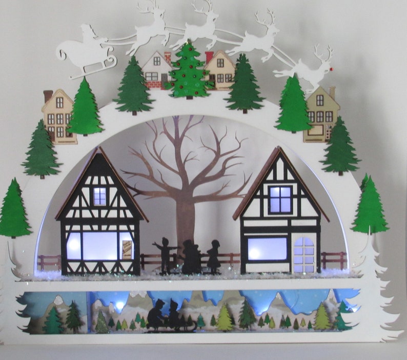 Christmas Village Shelf Sitter – Light-Up Wooden Holiday Town Scene | Schwibbogen-Inspired Decor | Unique Christmas Gift