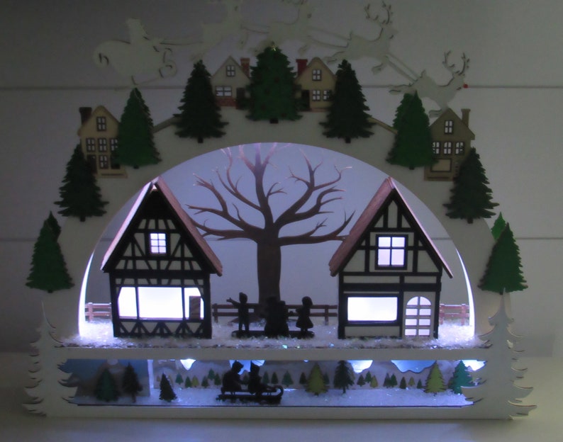 Christmas Village Shelf Sitter – Light-Up Wooden Holiday Town Scene | Schwibbogen-Inspired Decor | Unique Christmas Gift