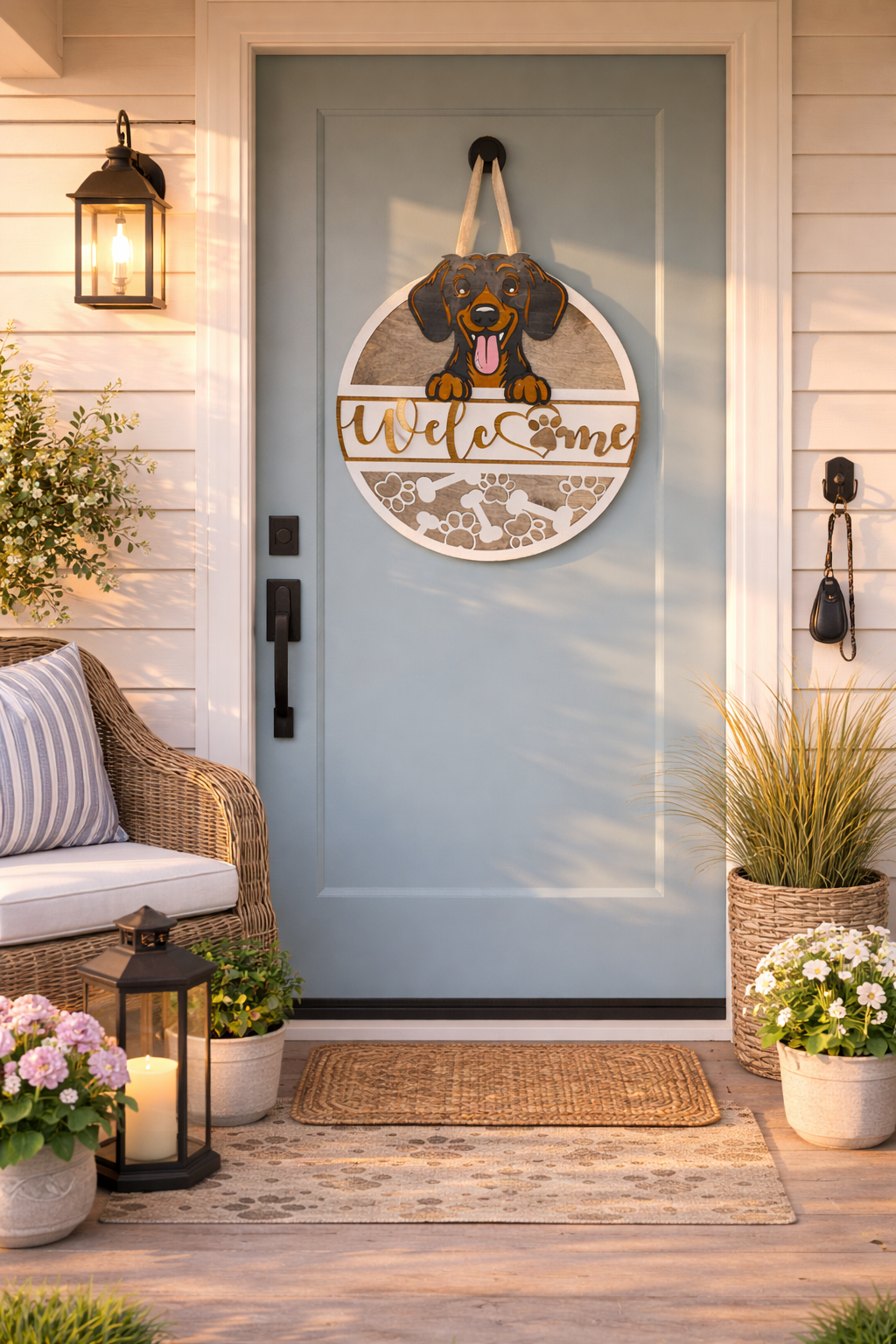 Front door with a decorative welcome sign featuring a dachshund, surrounded by potted plants and outdoor decor.