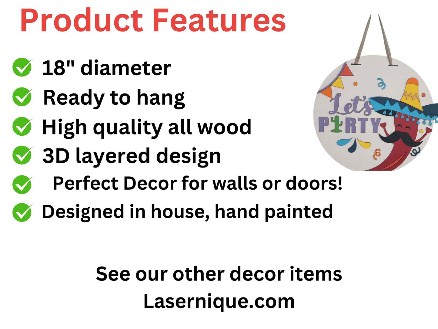 Let's party sign infographic on product features.