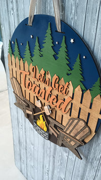 Thumbnail for Funny camping sign with campfire and forest scene, ideal for outdoor cabin or RV decoration.
