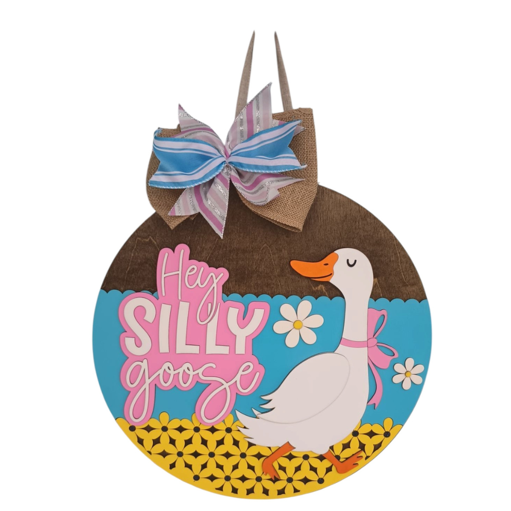 Funny Silly Goose door hanger with blue and yellow background