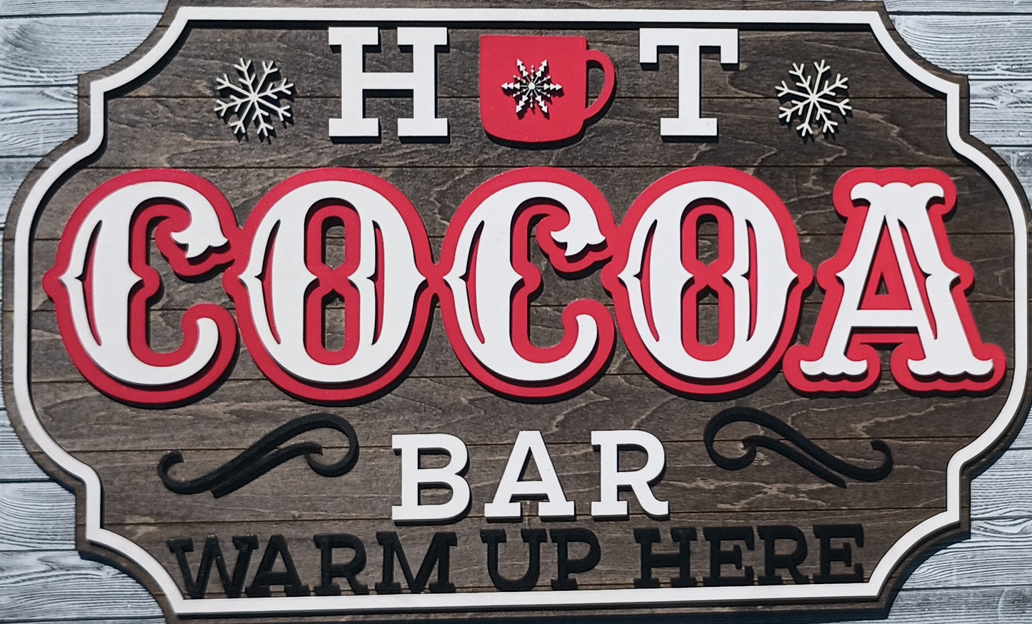 Stained and hand-painted hot cocoa station decor sign made of all wood.