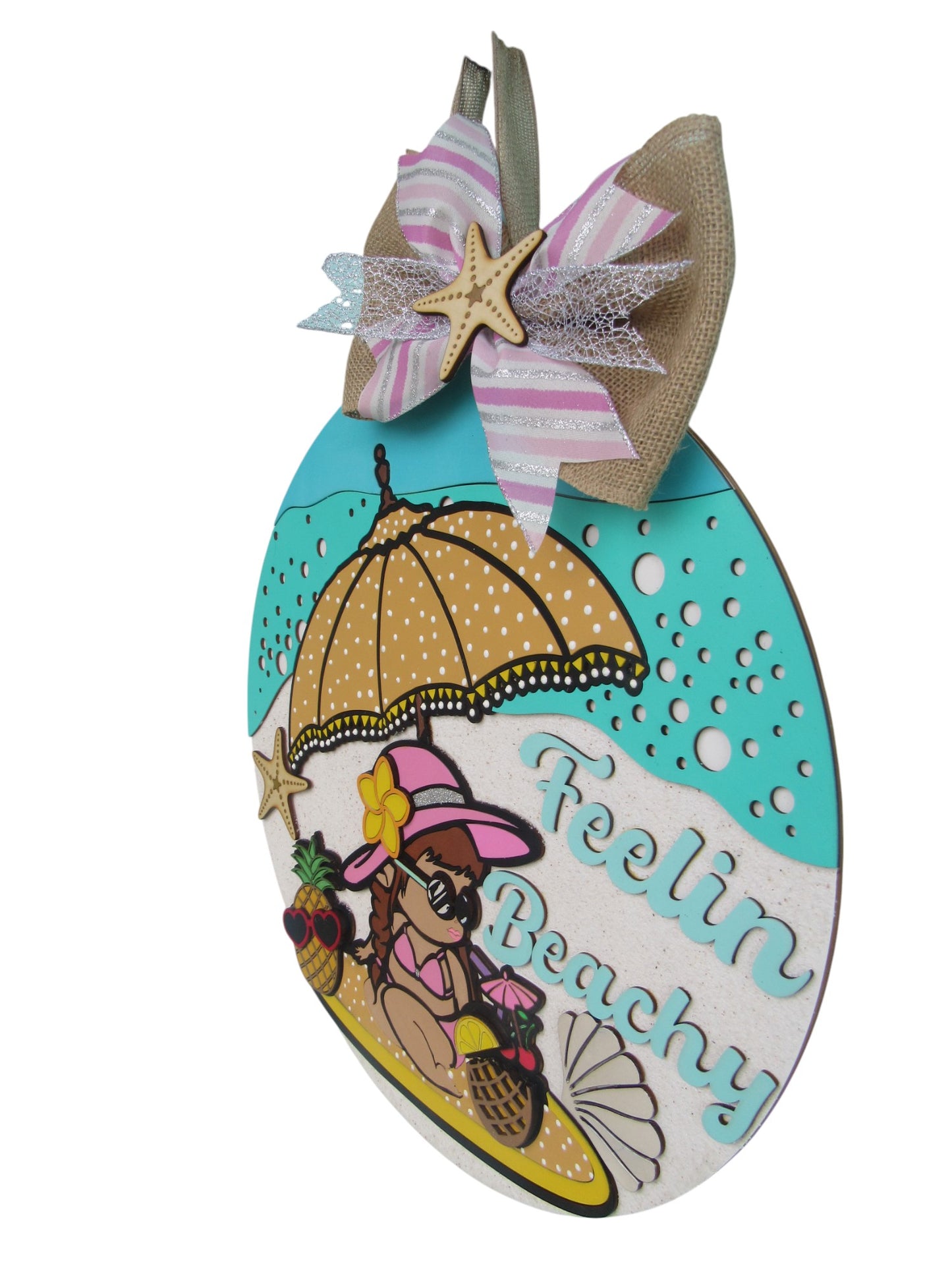 Summer door decor with beach girl illustration, tropical drink, and starfish embellishment