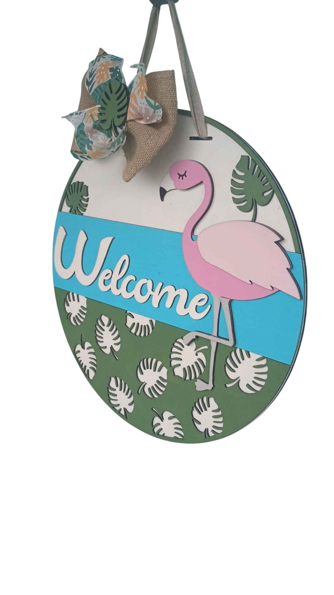 Summer flamingo door hanger with monstera leaves