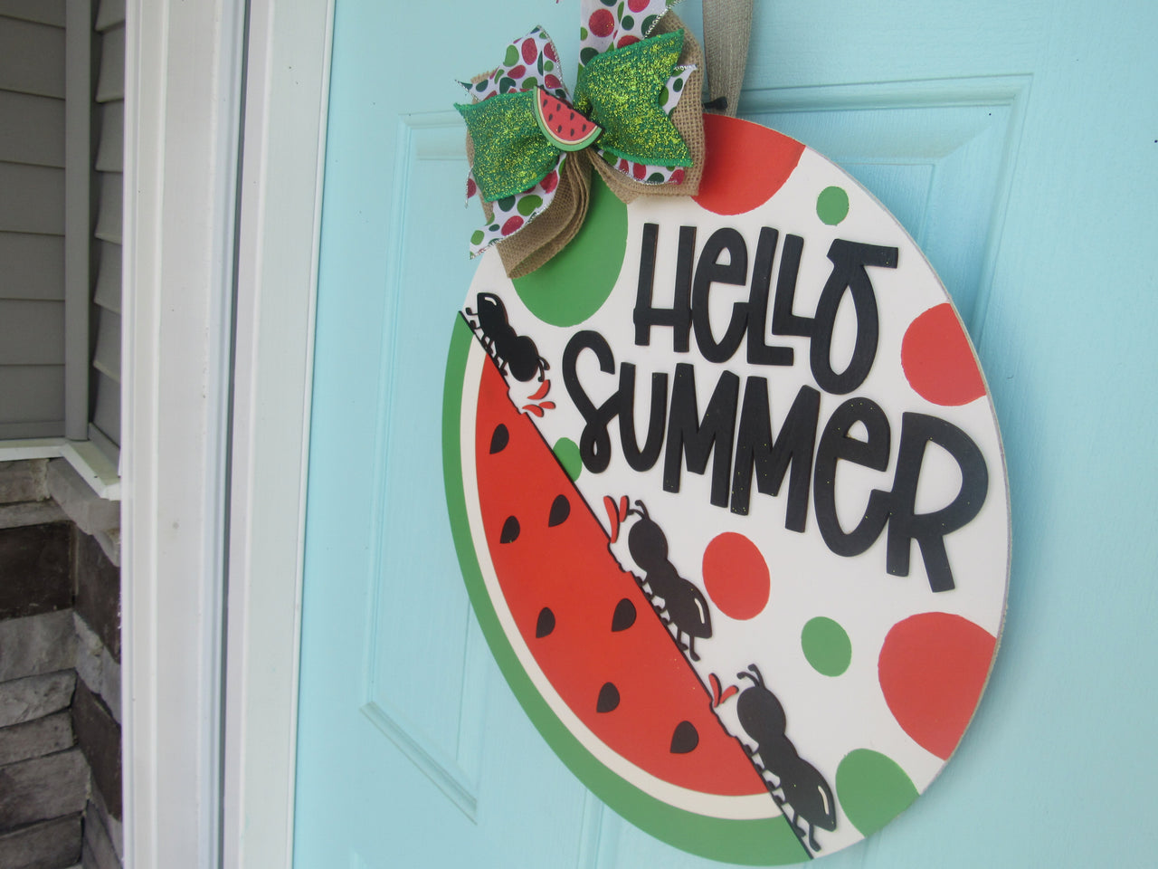 Summer welcome sign with 3D watermelon design, handcrafted wooden door hanger for seasonal decor.