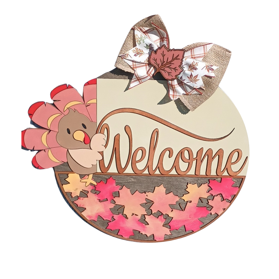Handmade Thanksgiving welcome sign with turkey design for front door