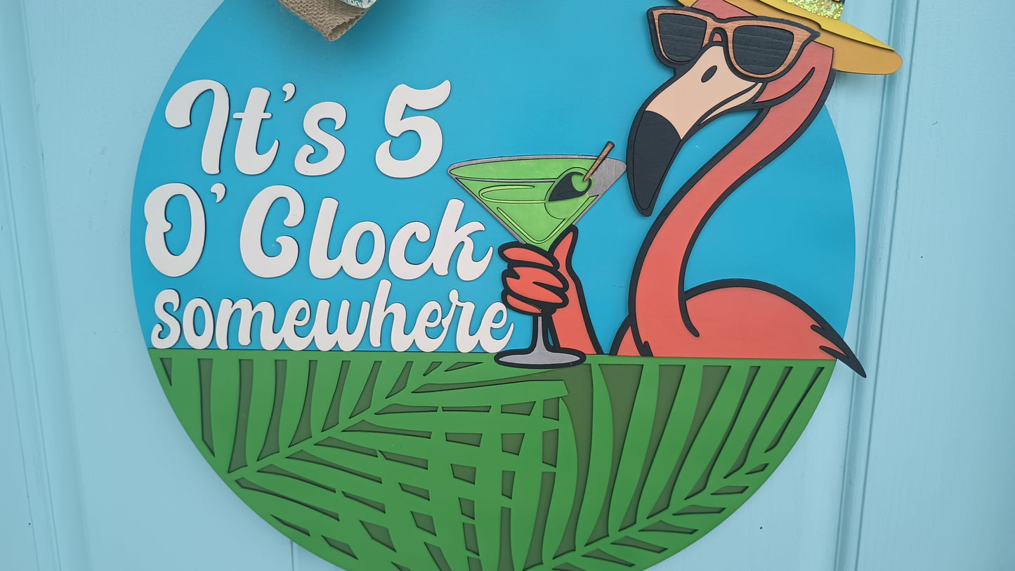 Tropical door sign with pink flamingo and palm accents