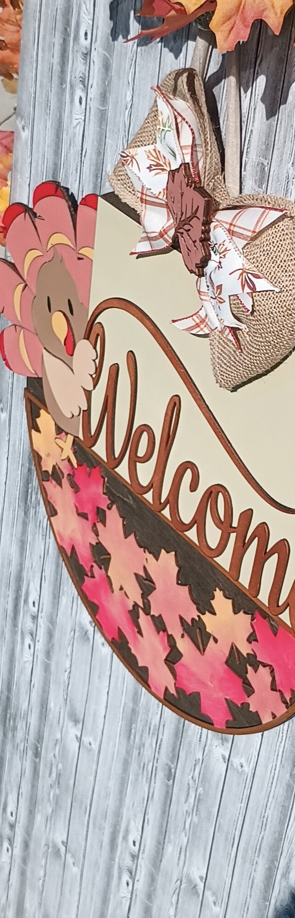 Thanksgiving welcome door hanger with hand painted turkey and leaf bow accent