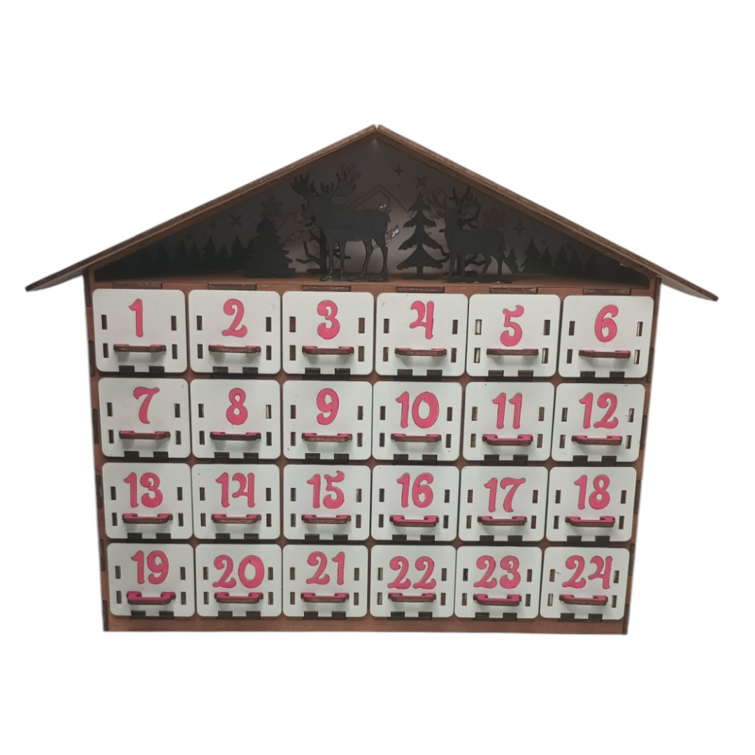 Handcrafted wooden advent calendar shaped like a house with 24 numbered drawers and laser-cut deer and tree design on the roof.