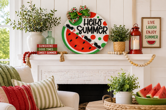summer mantel decor ideas with watermelon sign on white fireplace mantel with greenery and bright seasonal accents
