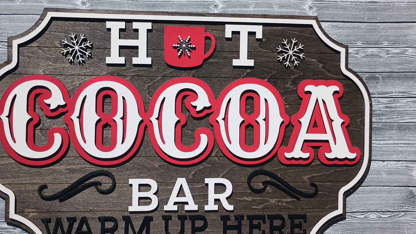 Rustic 3D hot cocoa bar sign for cozy holiday kitchen and coffee station.
