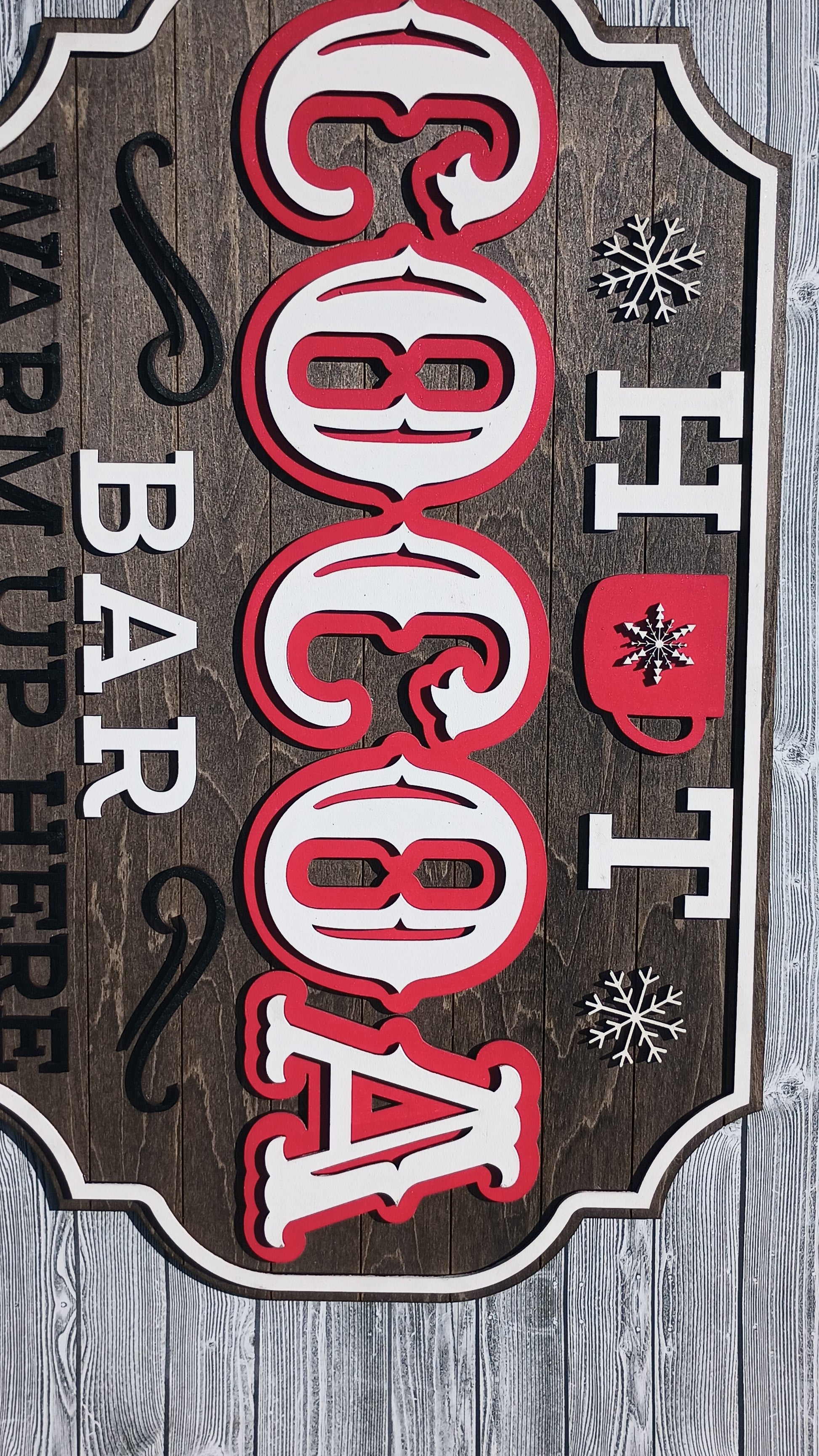 Rustic 3D hot cocoa bar sign for cozy holiday kitchen and coffee station.
