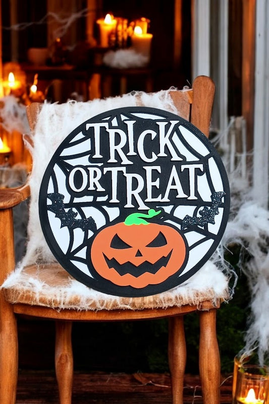 3D Trick or Treat sign with glitter bats, fluorescent pumpkin, and spider web design, perfect for Halloween door or wall decor.