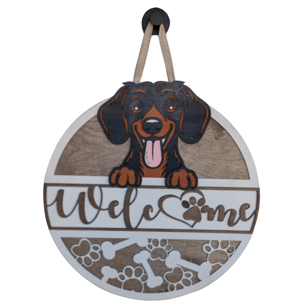 Dachshund welcome sign product dimensions and material details.