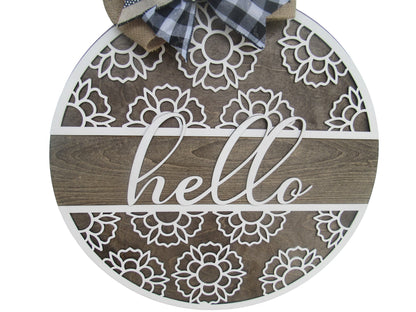 Hello Daisy Flower Wooden Door Hanger - 18" Round Hand Painted Front Door sign