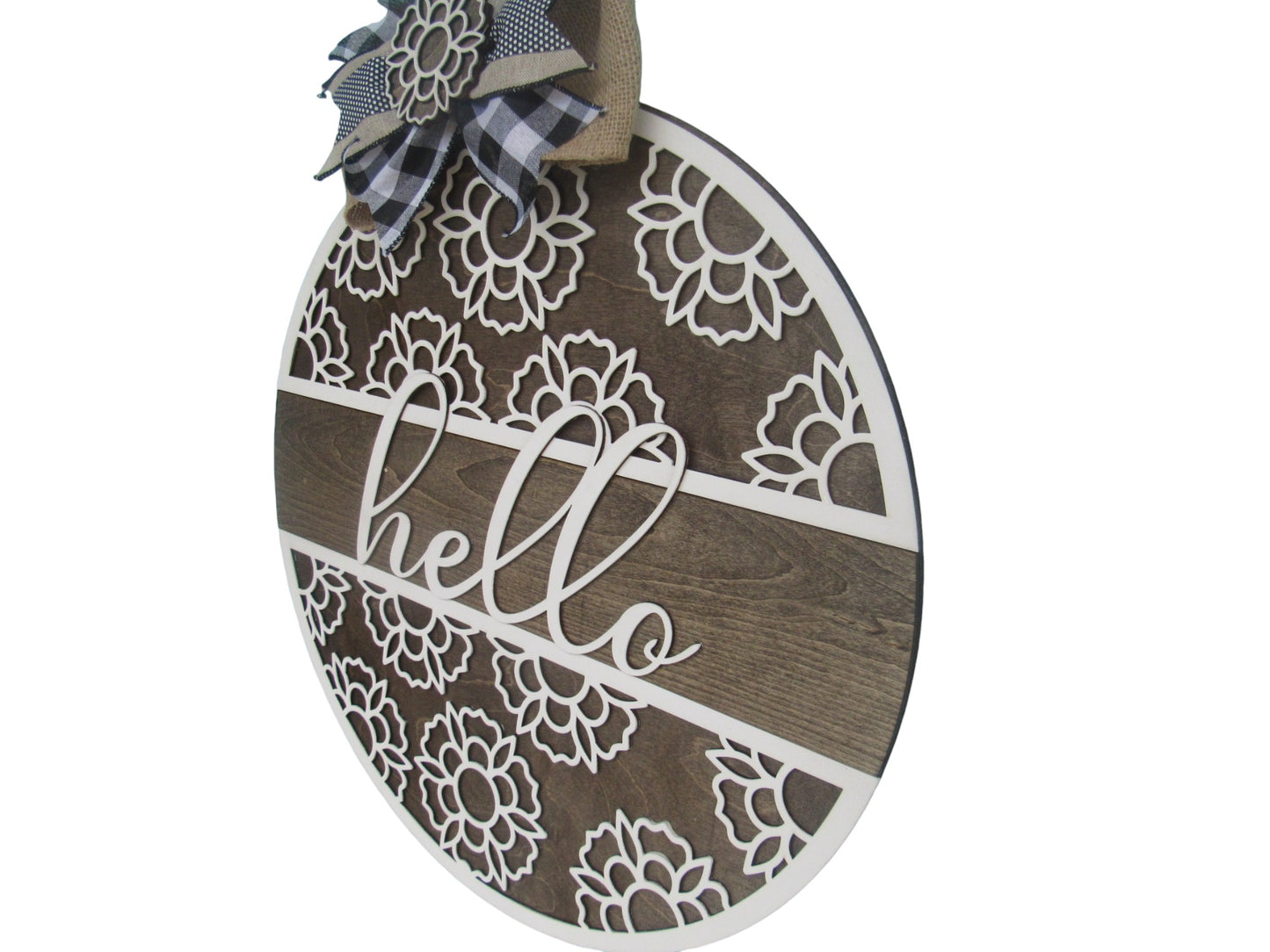 Hello Daisy Flower Wooden Door Hanger - 18" Round Hand Painted Front Door sign