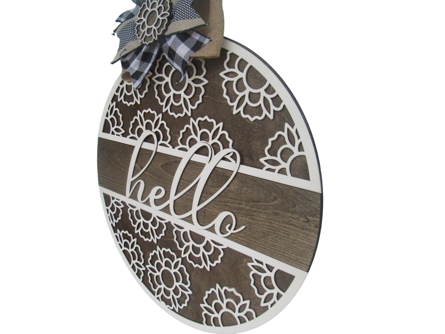 Hello Daisy Flower Wooden Door Hanger - 18" Round Hand Painted Front Door sign