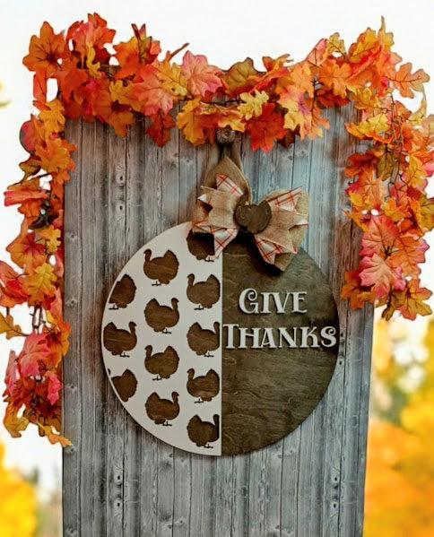 Give Thanks Thanksgiving Door Sign – 18" Round Wooden Turkey Wall Decor with Bow