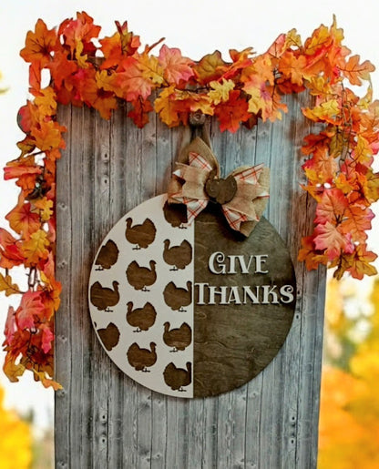 Give Thanks Thanksgiving Door Sign – 18" Round Wooden Turkey Wall Decor with Bow