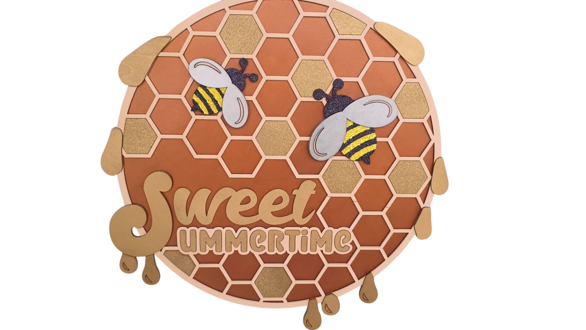 Sweet Summertime sign with yellow bees and wooden honey drips