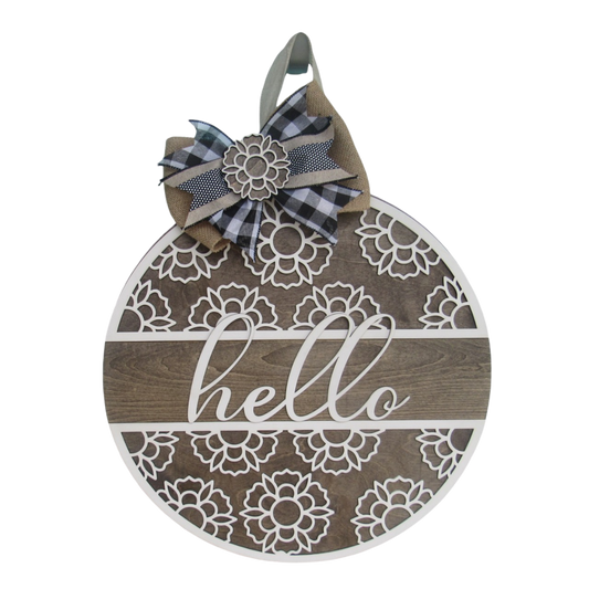 Hello Daisy Flower Wooden Door Hanger - 18" Round Hand Painted Front Door sign