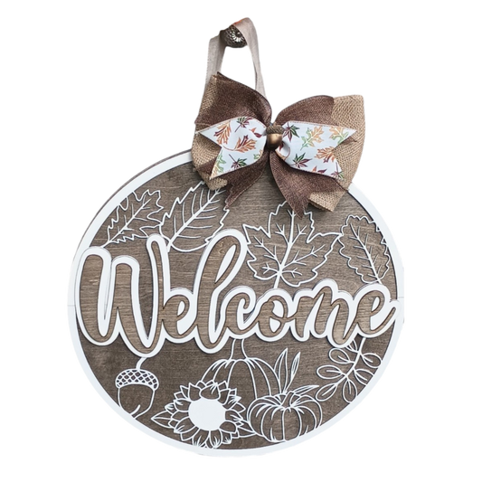 Fall Harvest Themed Welcome Door Sign – 18" Round Wooden Door Hanger