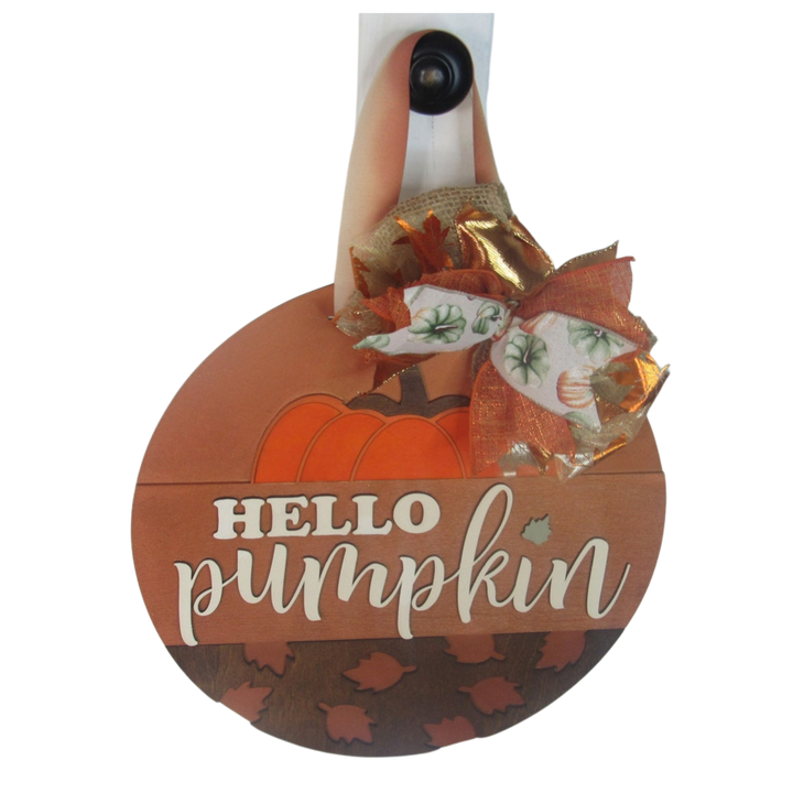 Hello Pumpkin Door Hanger - 18" Round Wooden Sign | Welcome Door Hanger - Lasernique