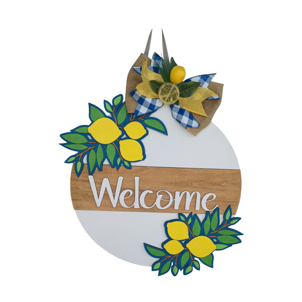Lemon Welcome Door Sign – Round Wooden Door Hanger with Bow