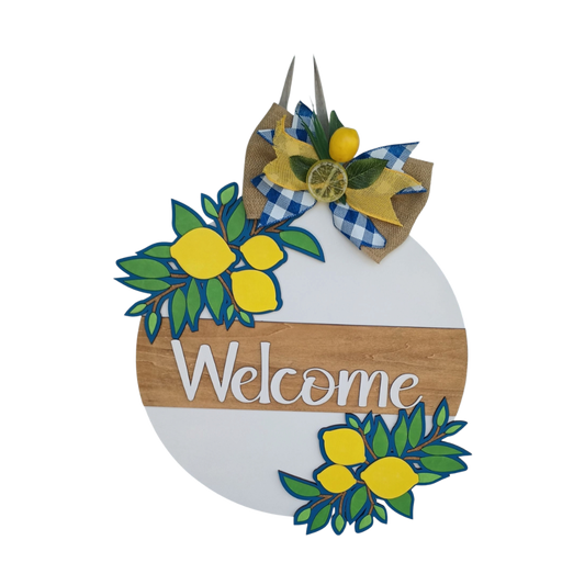 Lemon Welcome Door Sign – Round Wooden Door Hanger with Bow