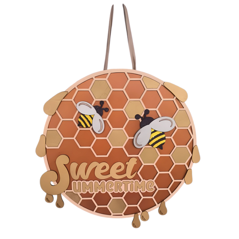 Sweet Summertime sign with yellow bees and wooden honey drips