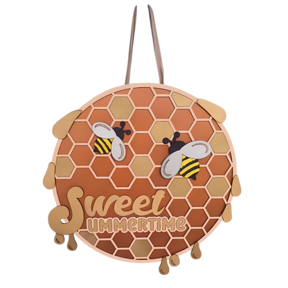 Sweet Summertime sign with yellow bees and wooden honey drips