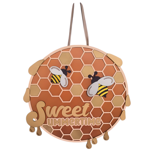 Sweet Summertime sign with yellow bees and wooden honey drips
