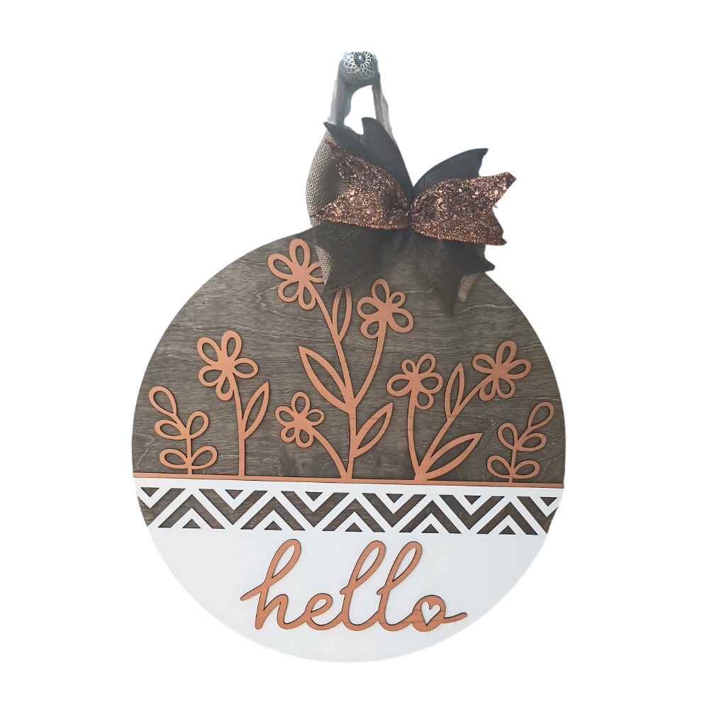 18-inch hand-painted floral hello door hanger with burlap bow
