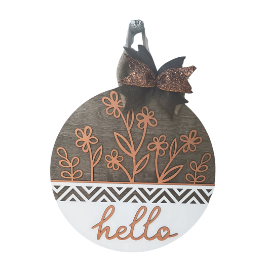 18-inch hand-painted floral hello door hanger with burlap bow
