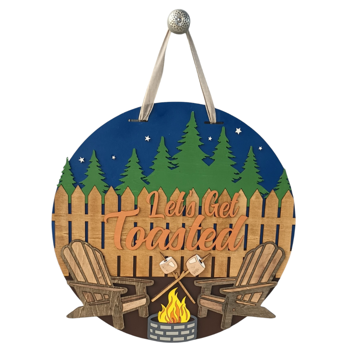 Funny Camping Sign - 18" Round Lets Get Toasted Campfire Decor | Welcome Door Hanger